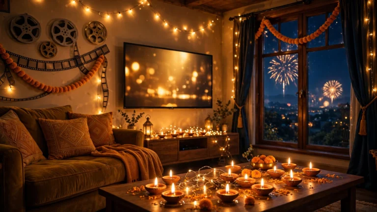 A warm golden Diwali-night illustration with glowing diyas, fairy lights and a cozy living room with a glowing TV, a cinematic Bollywood movie night scene.
