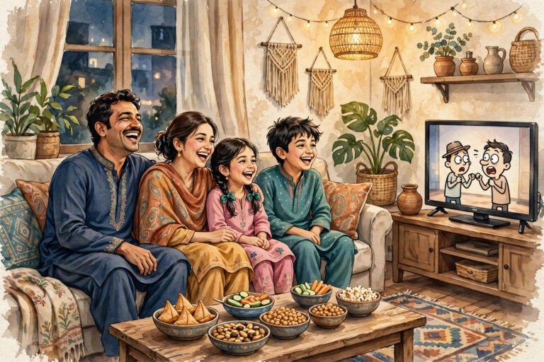 Best Pakistani comedy dramas happy family watching TV illustration