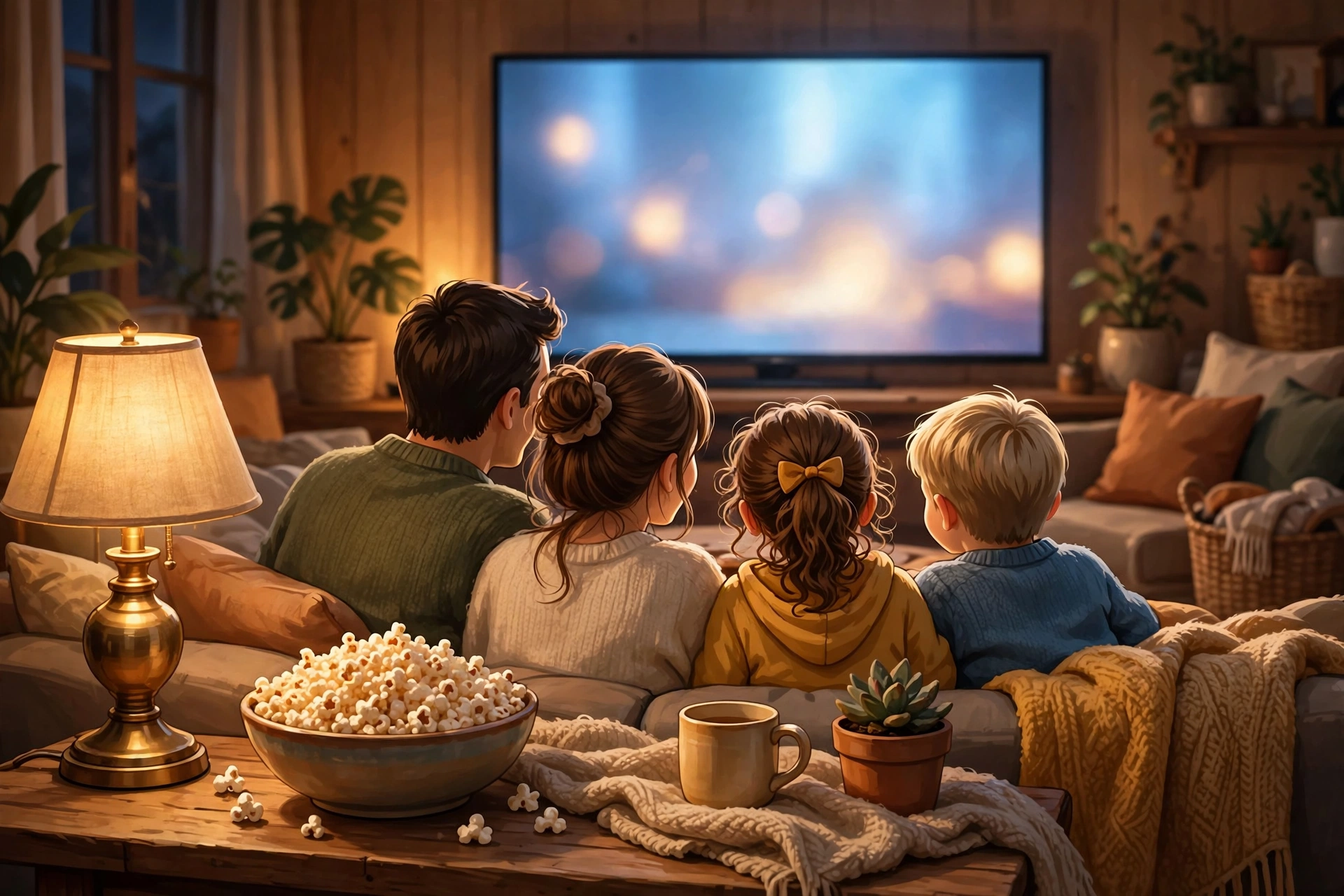 Family watching movies together at home