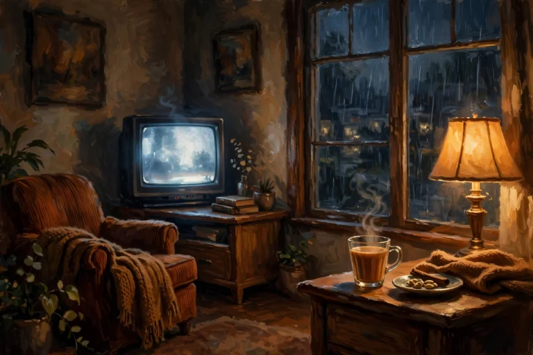 Cozy living room with television glowing, cinematic illustration of a Pakistani drama night