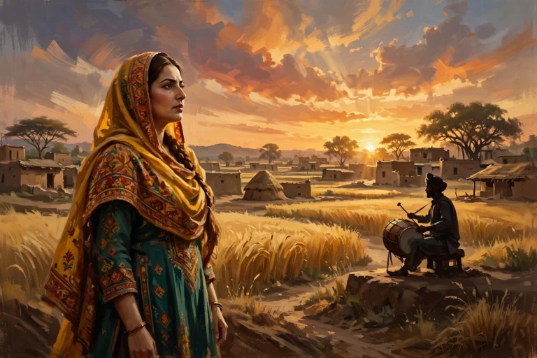 Mitti De Baway drama poster-style art featuring rural Punjab at sunset